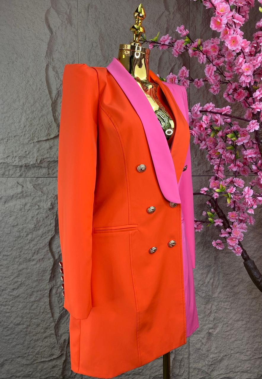 VESTIDO CON BOTONES AL FRENTE BICOLOR ROSA/NARANJA
