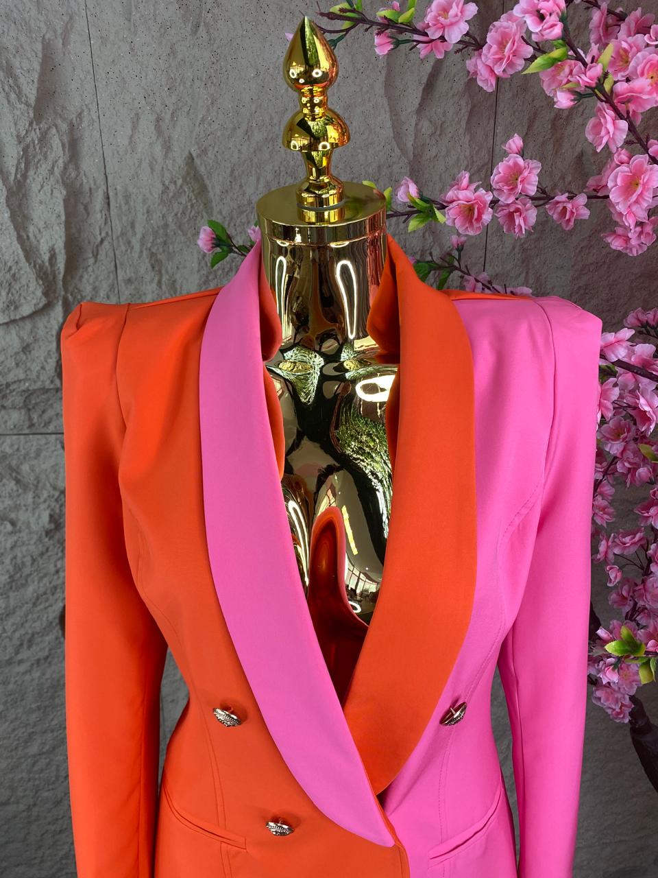 VESTIDO CON BOTONES AL FRENTE BICOLOR ROSA/NARANJA