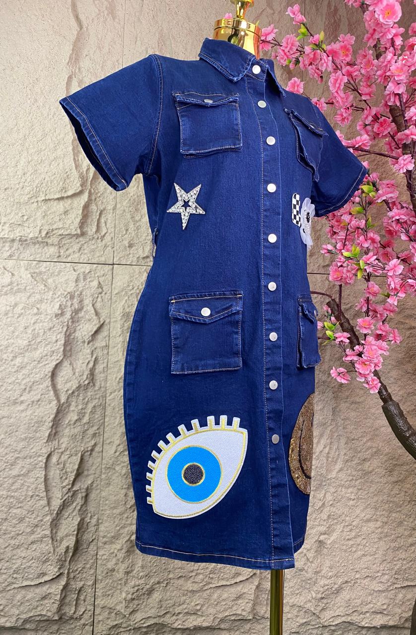 VESTIDO CON APLICACIONES MEZCLILLA AZUL