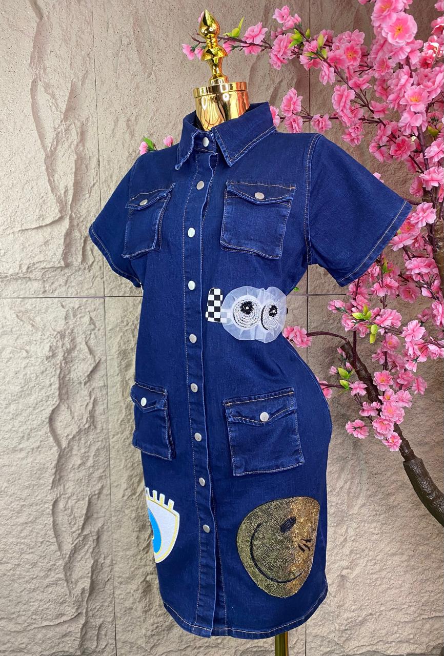 VESTIDO CON APLICACIONES MEZCLILLA AZUL
