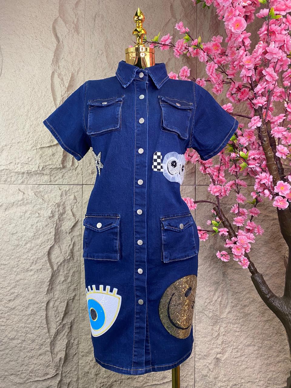 VESTIDO CON APLICACIONES MEZCLILLA AZUL