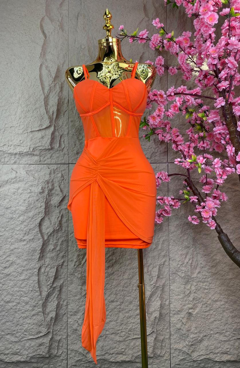 VESTIDO CORTO CON TRANSPARENCIAS NARANJA
