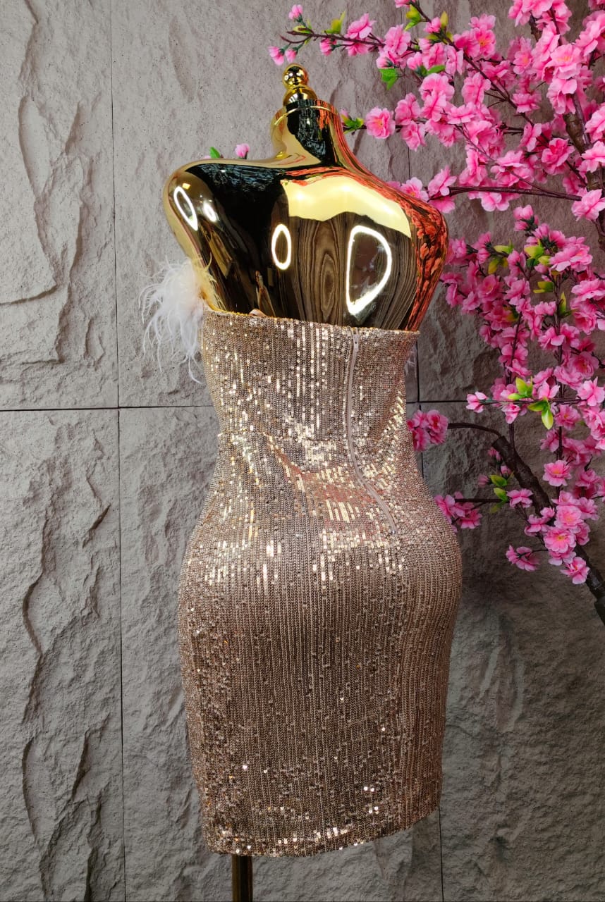 VESTIDO DE LENTEJUELA Y PLUMAS DORADO