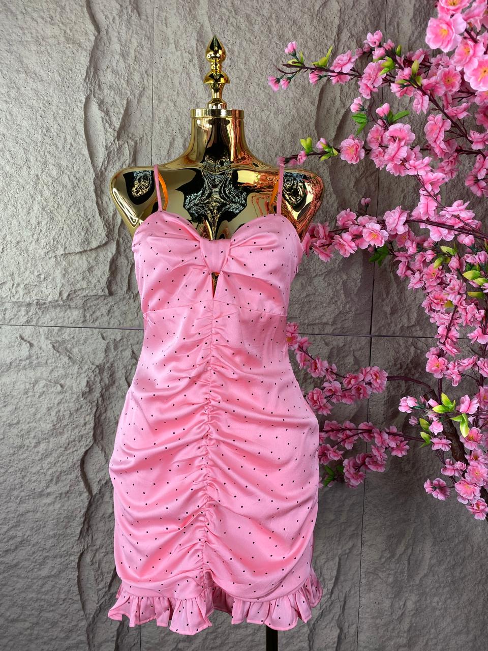 VESTIDO DRAPEADO LUNARES ROSA