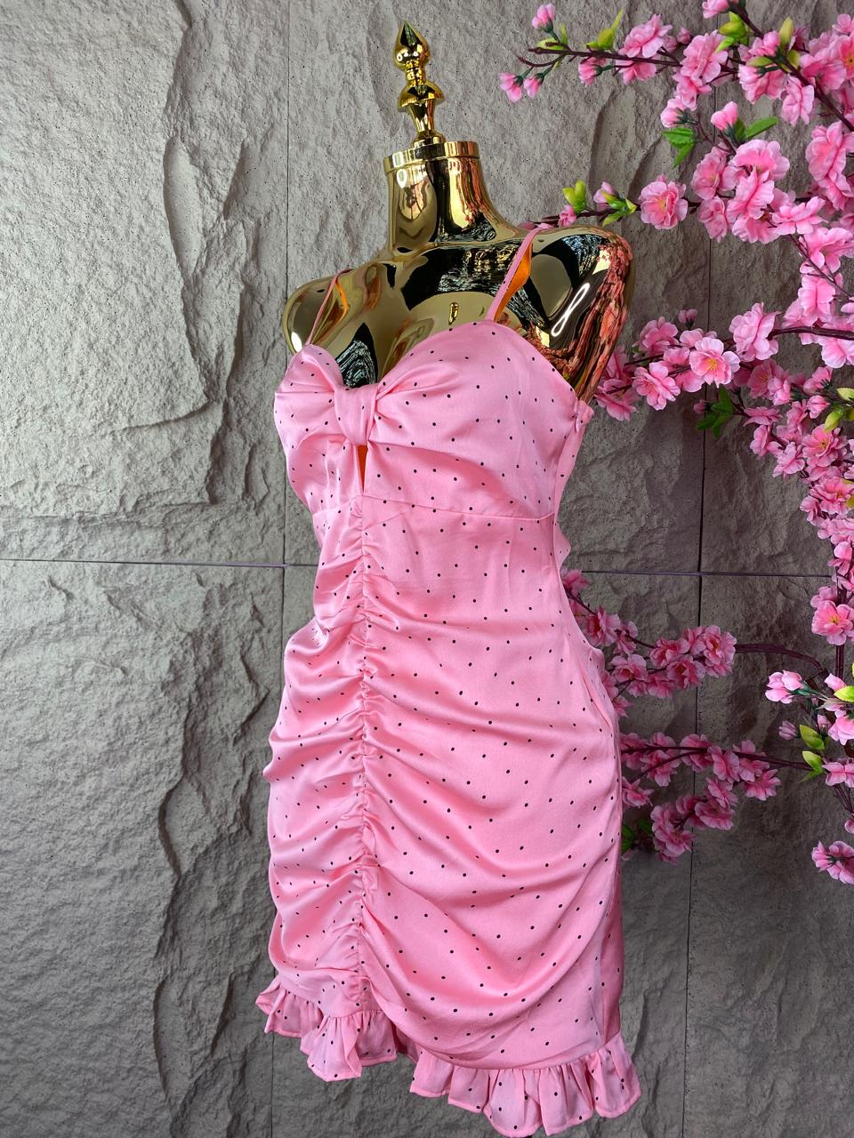 VESTIDO DRAPEADO LUNARES ROSA