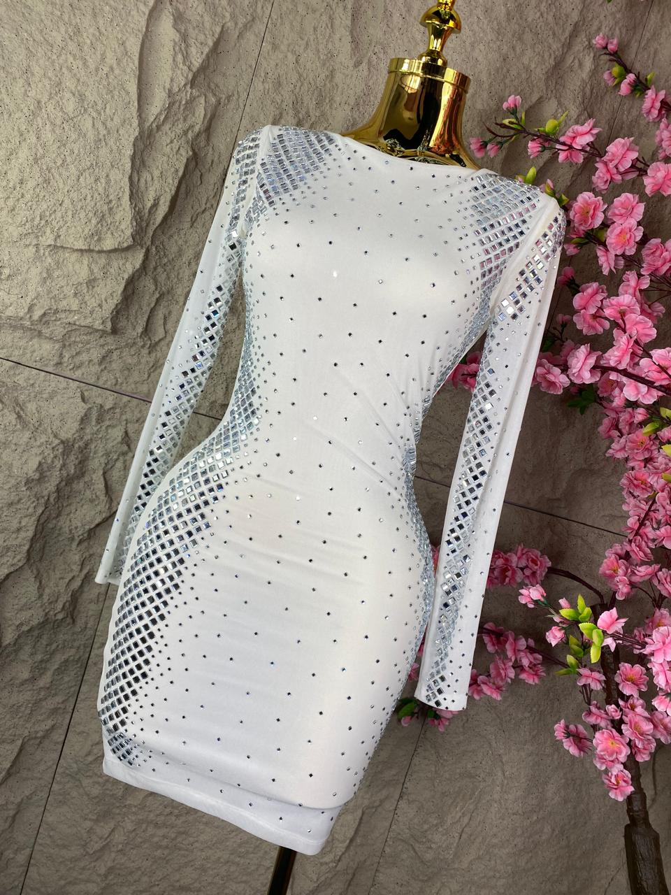 VESTIDO MIDDI ML CON CRISTALES BLANCO