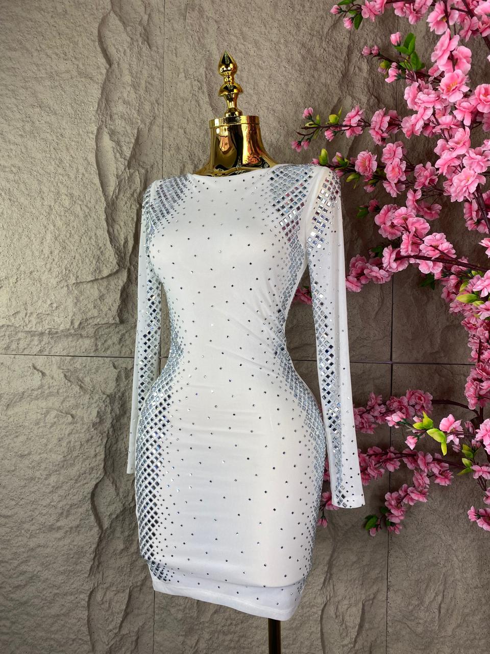 VESTIDO MIDDI ML CON CRISTALES BLANCO