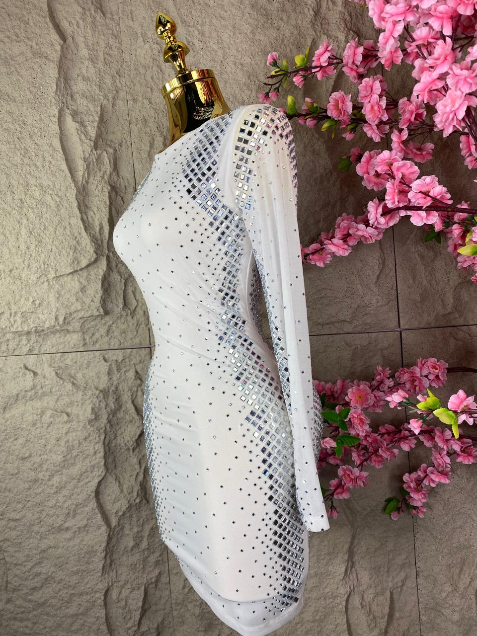 VESTIDO MIDDI ML CON CRISTALES BLANCO