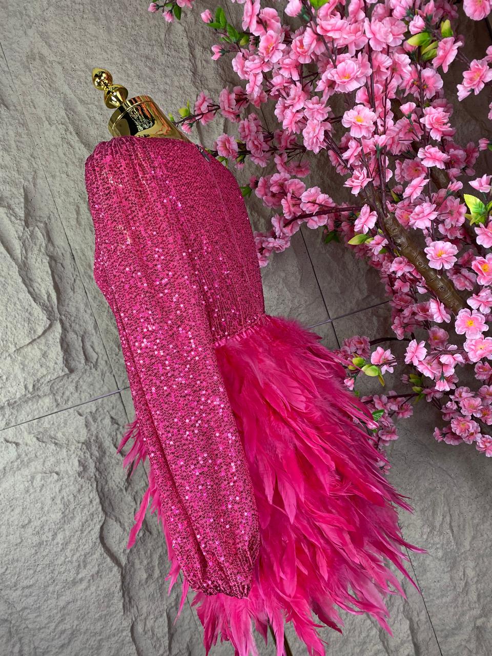 VESTIDO MANGA LARGA CON PLUMAS Y LENTEJUELAS