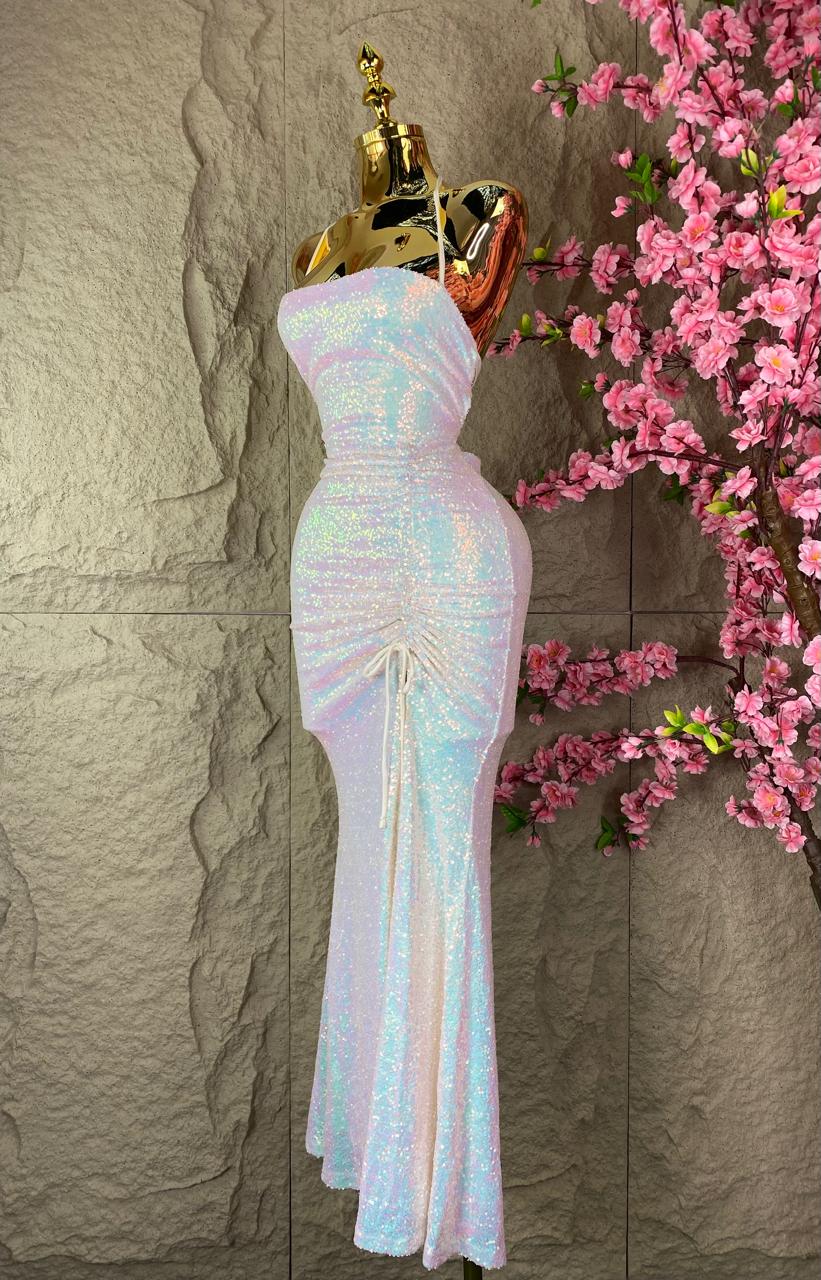 VESTIDO LARGO TIRANTES DRAPEADO CON LENTEJUELA TORNASOL