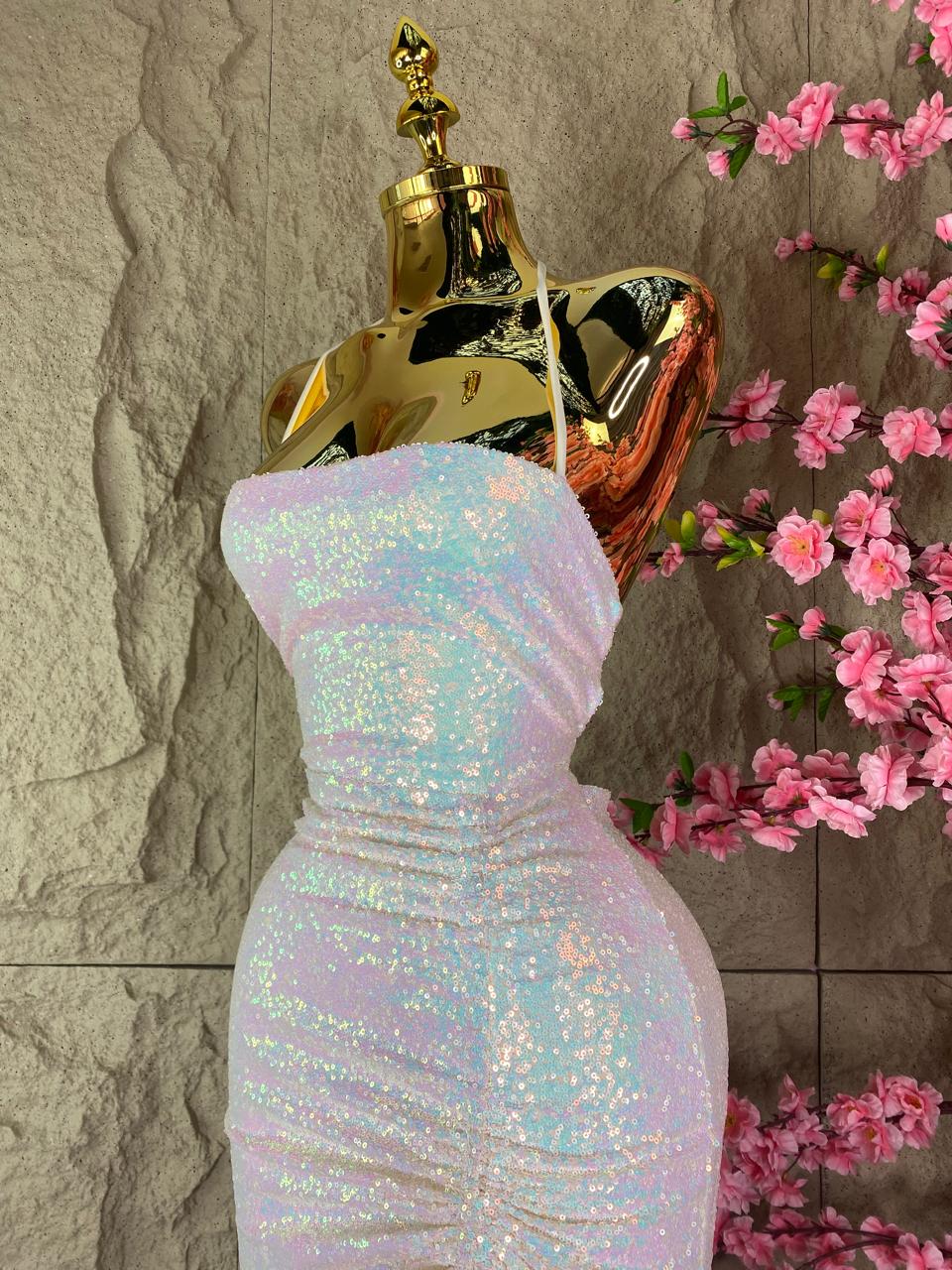 VESTIDO LARGO TIRANTES DRAPEADO CON LENTEJUELA TORNASOL