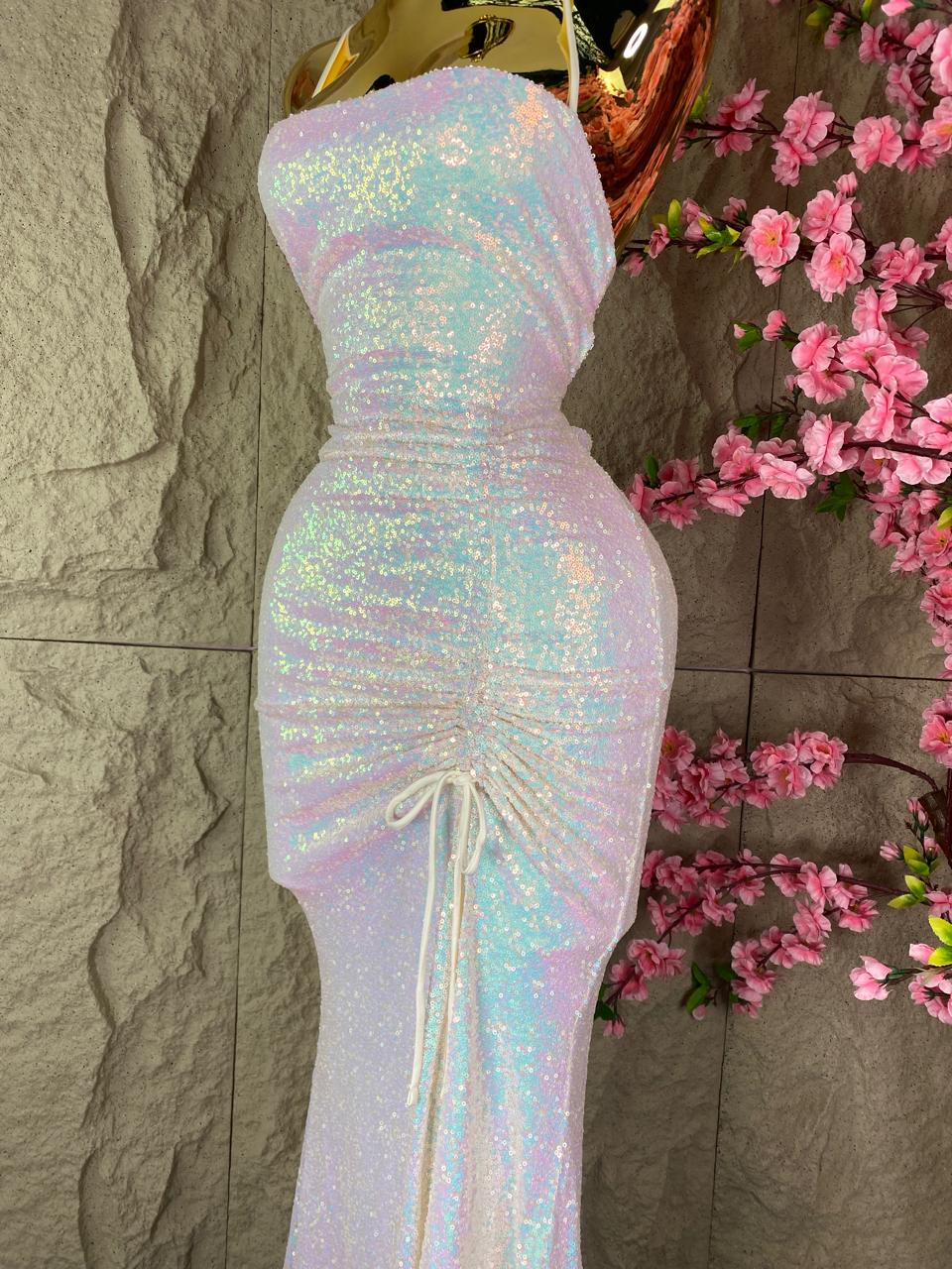 VESTIDO LARGO TIRANTES DRAPEADO CON LENTEJUELA TORNASOL