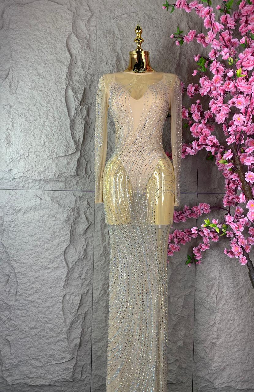 VESTIDO LARGO CON BODY INCLUIDO CRISTALES NUDE