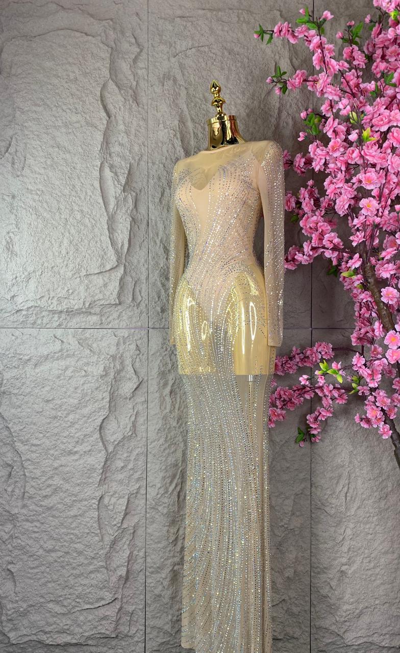 VESTIDO LARGO CON BODY INCLUIDO CRISTALES NUDE