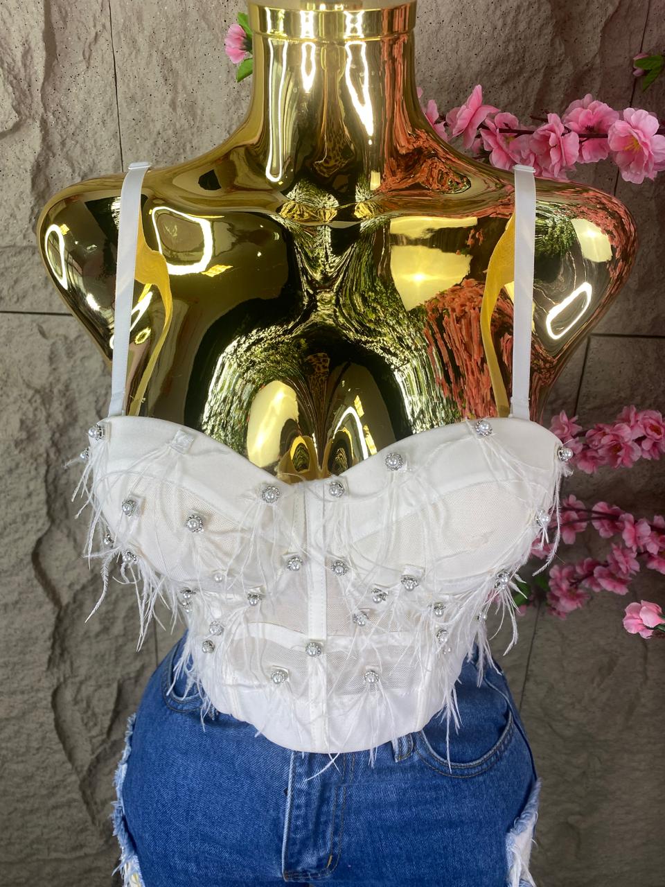 TOP CORSET CON PERLAS Y PLUMAS BLANCO
