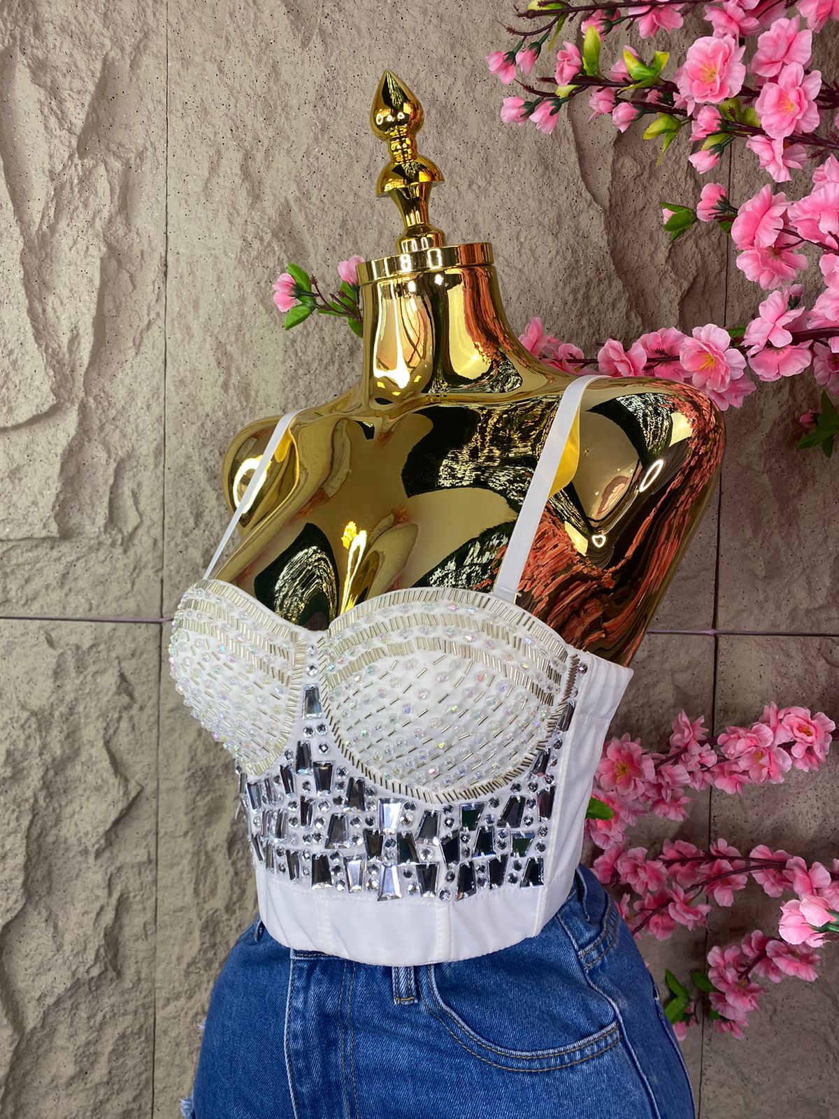 TOP CORSET CON CRISTALES Y POPOTILLO BLANCO