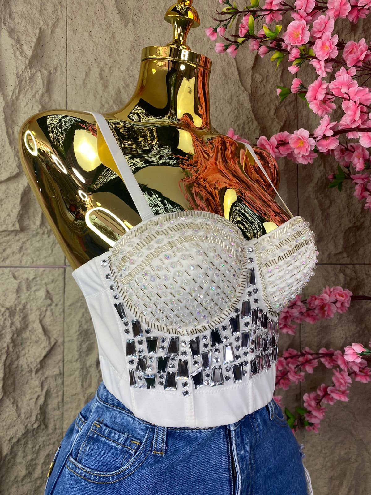 TOP CORSET CON CRISTALES Y POPOTILLO BLANCO