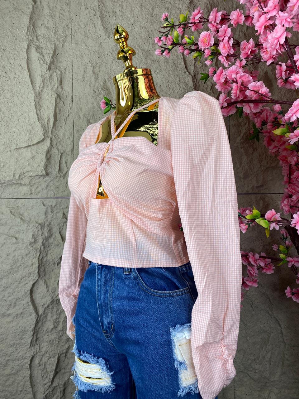 BLUSA TOP ML A CUADROS ROSA