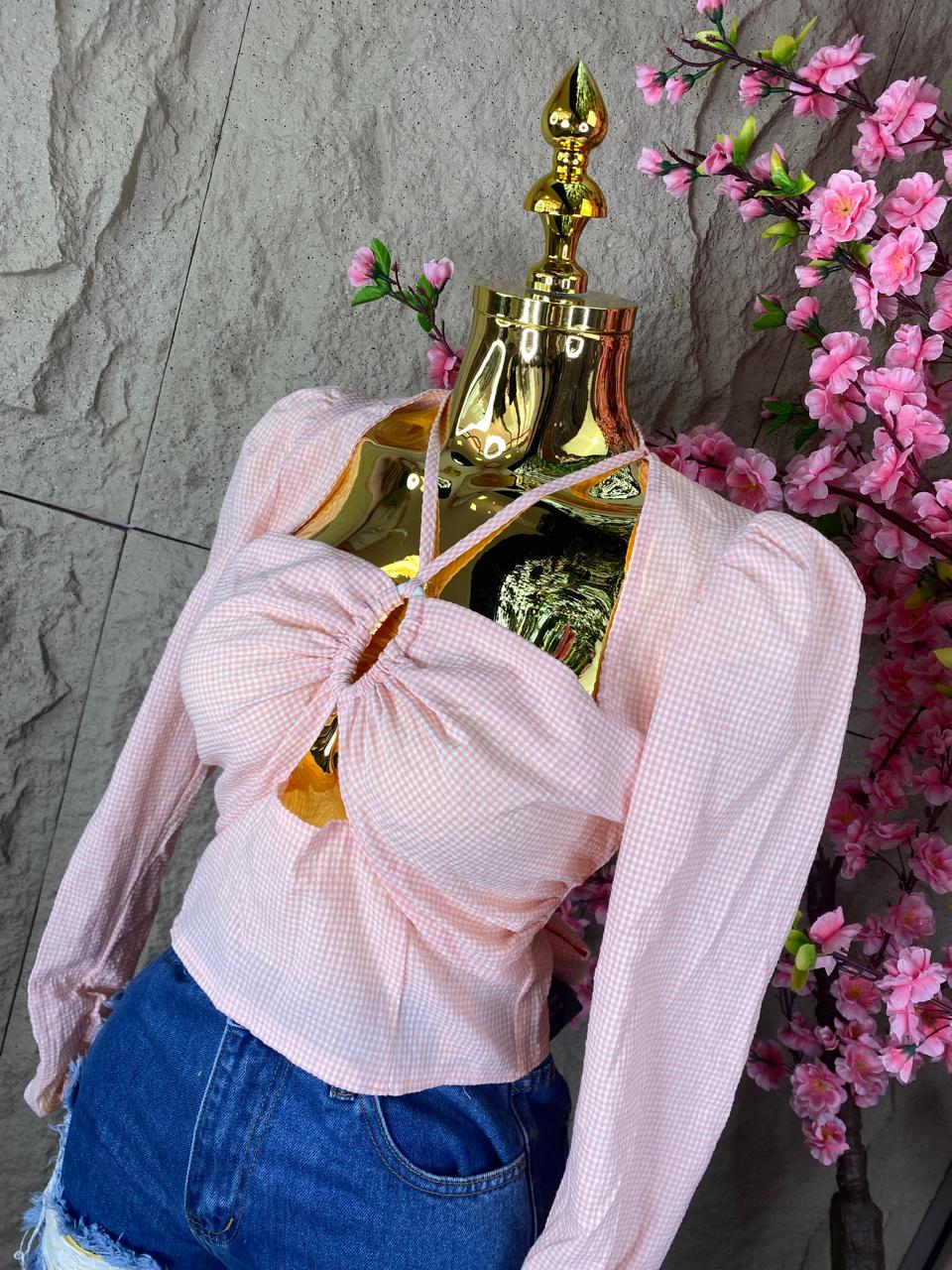 BLUSA TOP ML A CUADROS ROSA