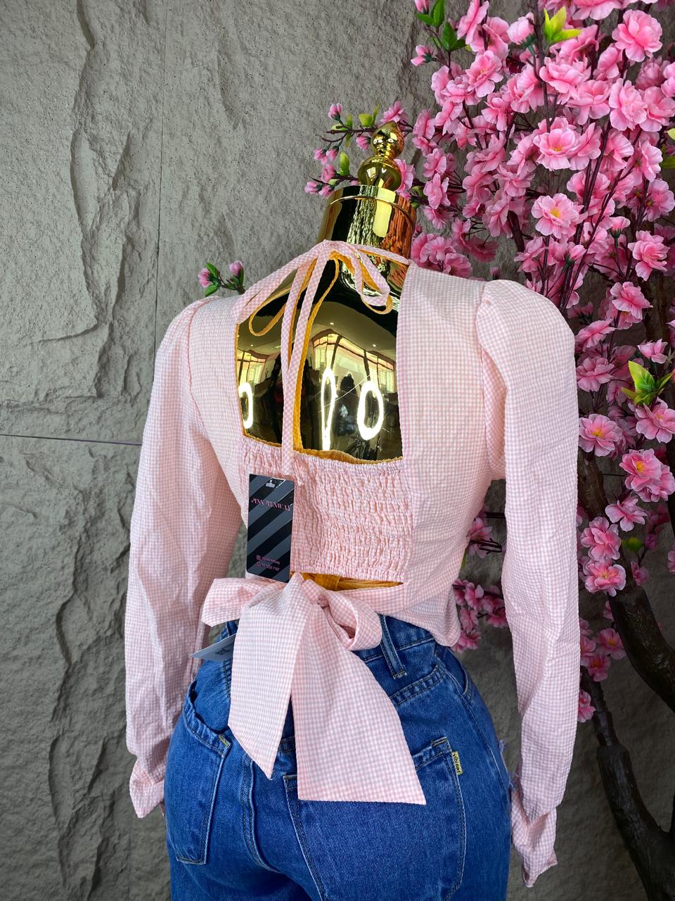 BLUSA TOP ML A CUADROS ROSA