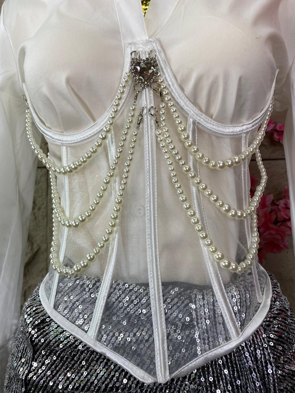CROP TOP CON TRANSPARENCIAS Y PERLAS BLANCO