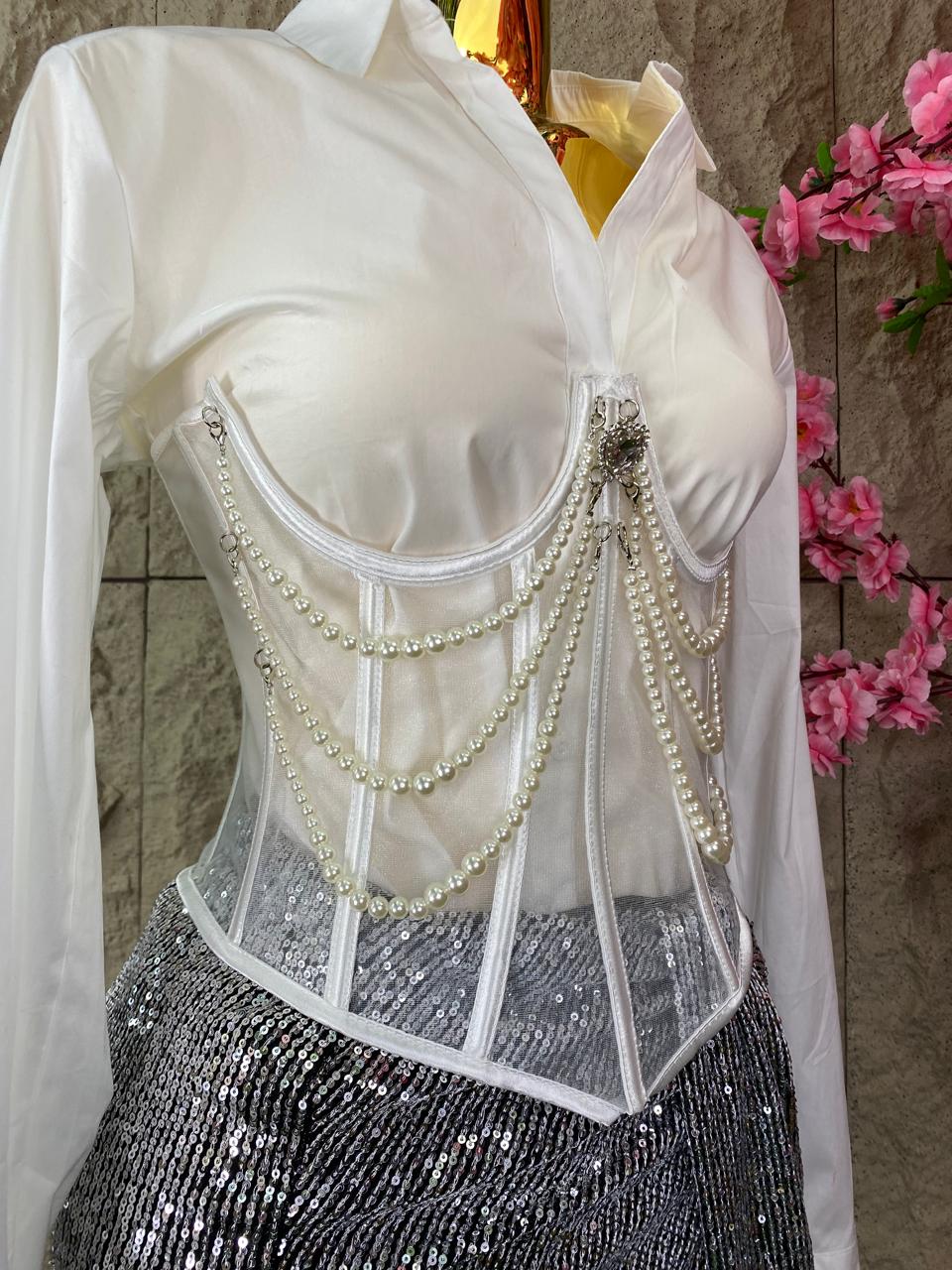 CROP TOP CON TRANSPARENCIAS Y PERLAS BLANCO