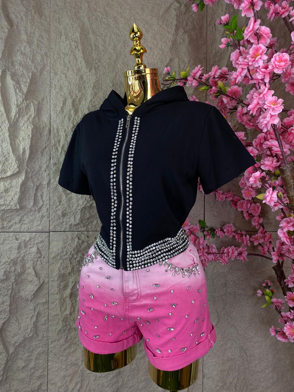 SHORT CON BRILLOS MEZCLILLA ROSA