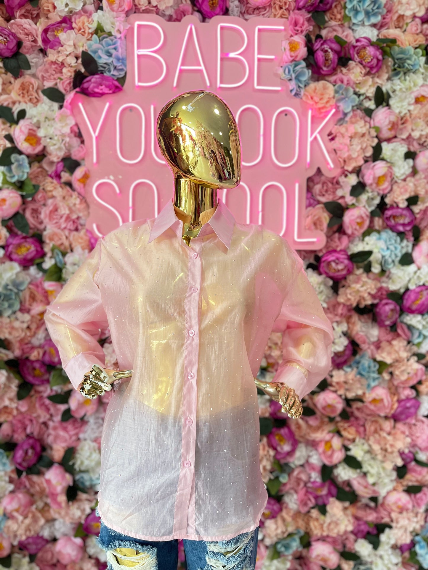 CAMISA BRILLOS PUNTOS ROSA