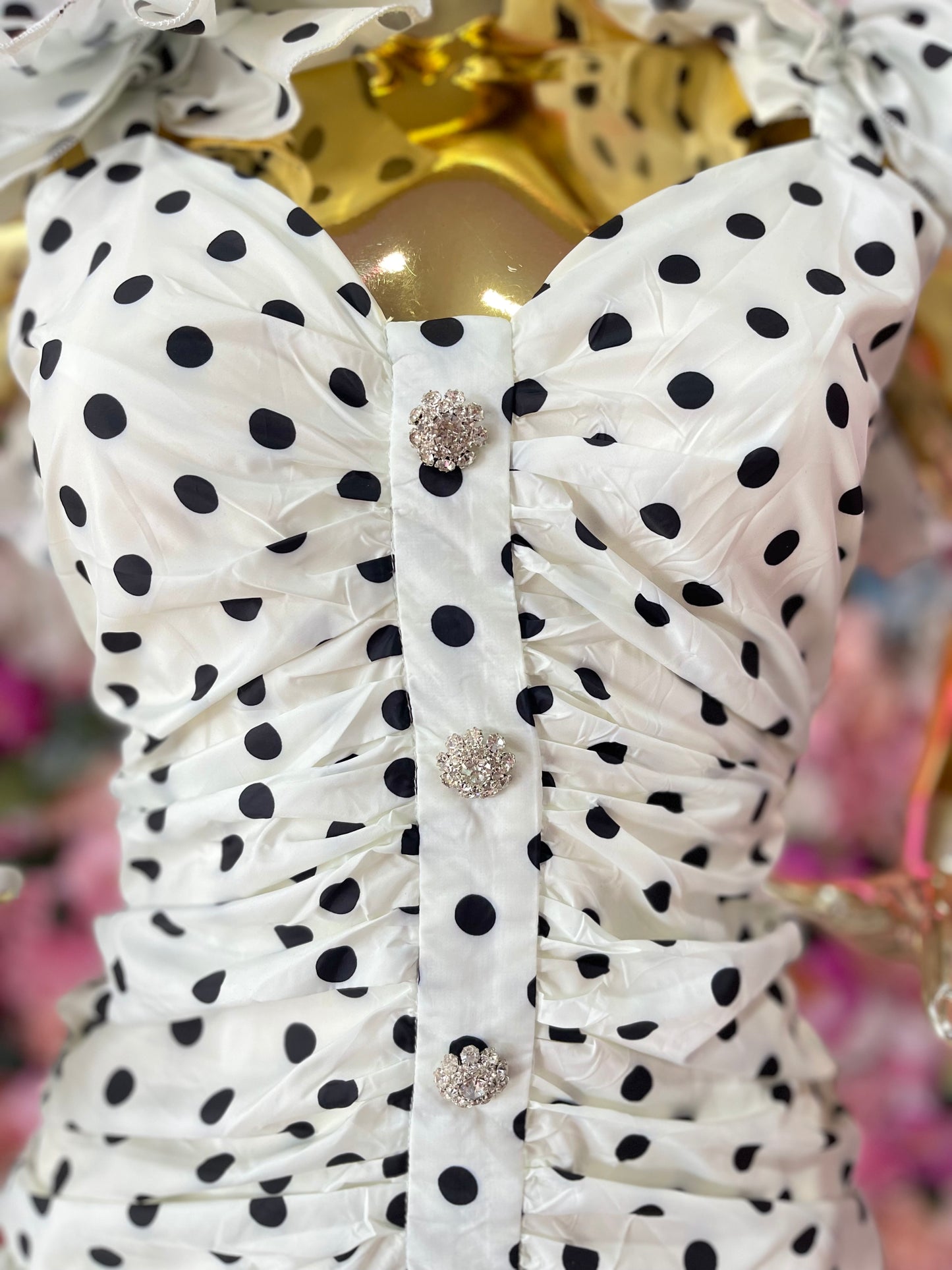 VESTIDO DRAPEADO LUNARES BLANCO