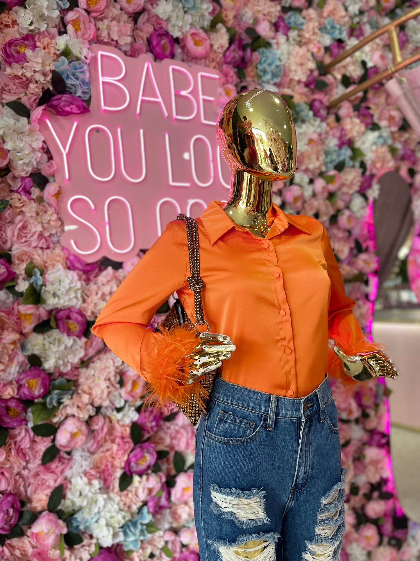 CAMISA PLUMAS EN PUÑO NARANJA