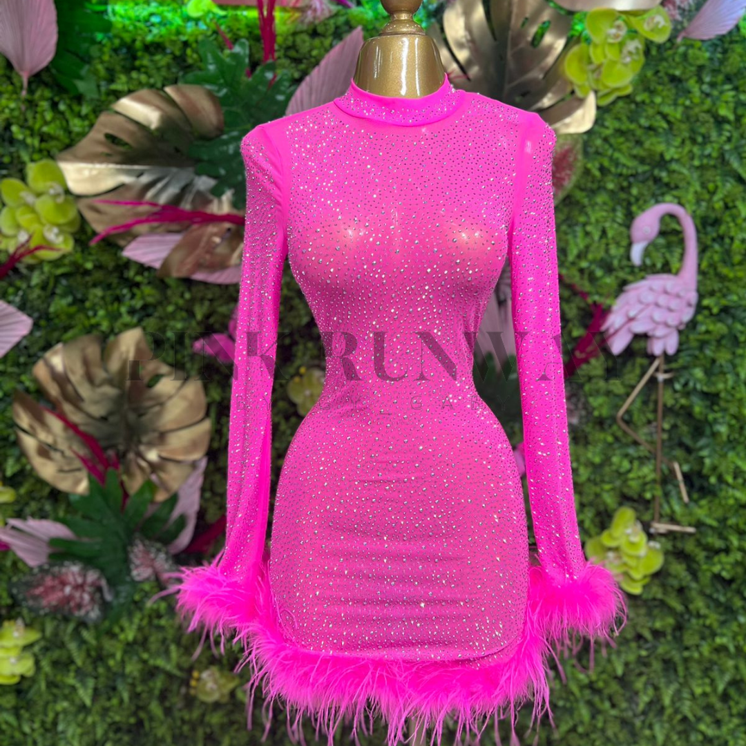 VESTIDO PINK GLITTER Y PLUMAS