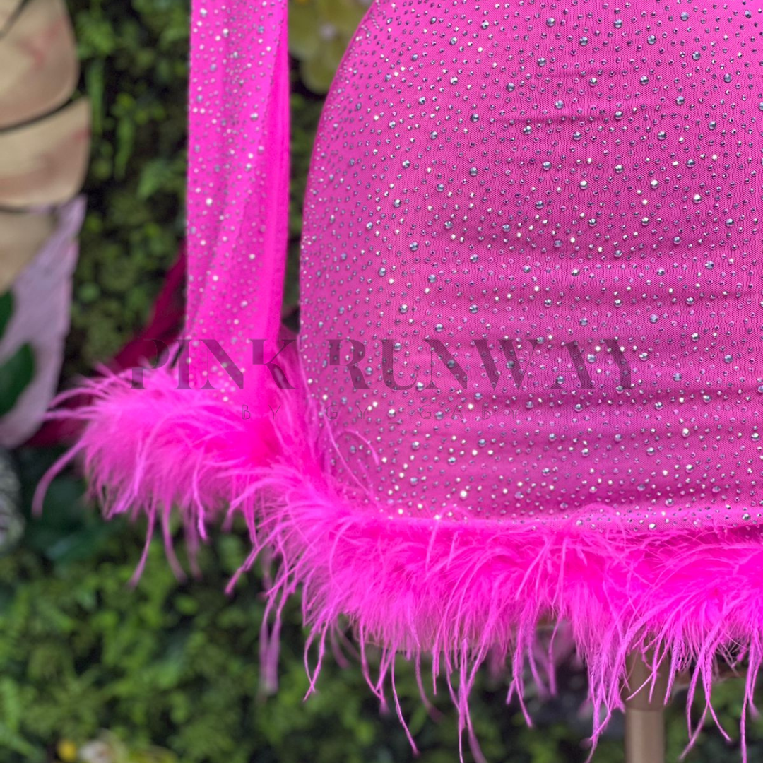 VESTIDO PINK GLITTER Y PLUMAS