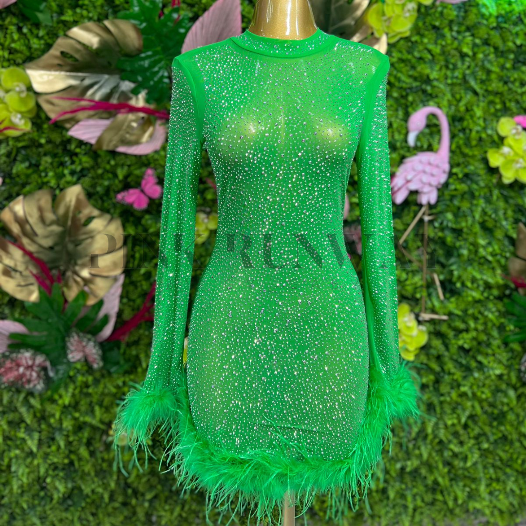 VESTIDO VERDE MESH GLITTER Y PLUMAS