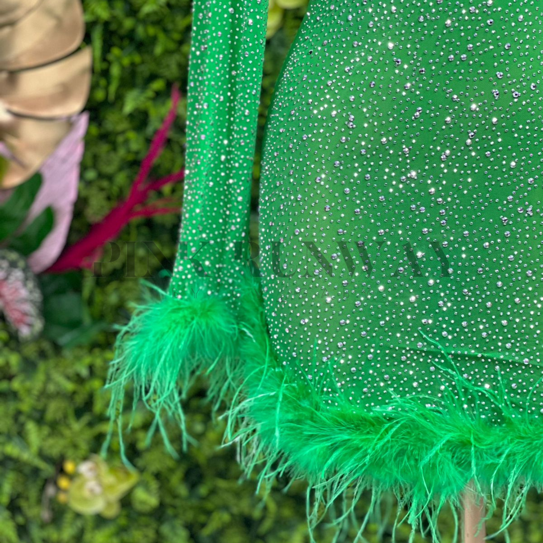 VESTIDO VERDE MESH GLITTER Y PLUMAS