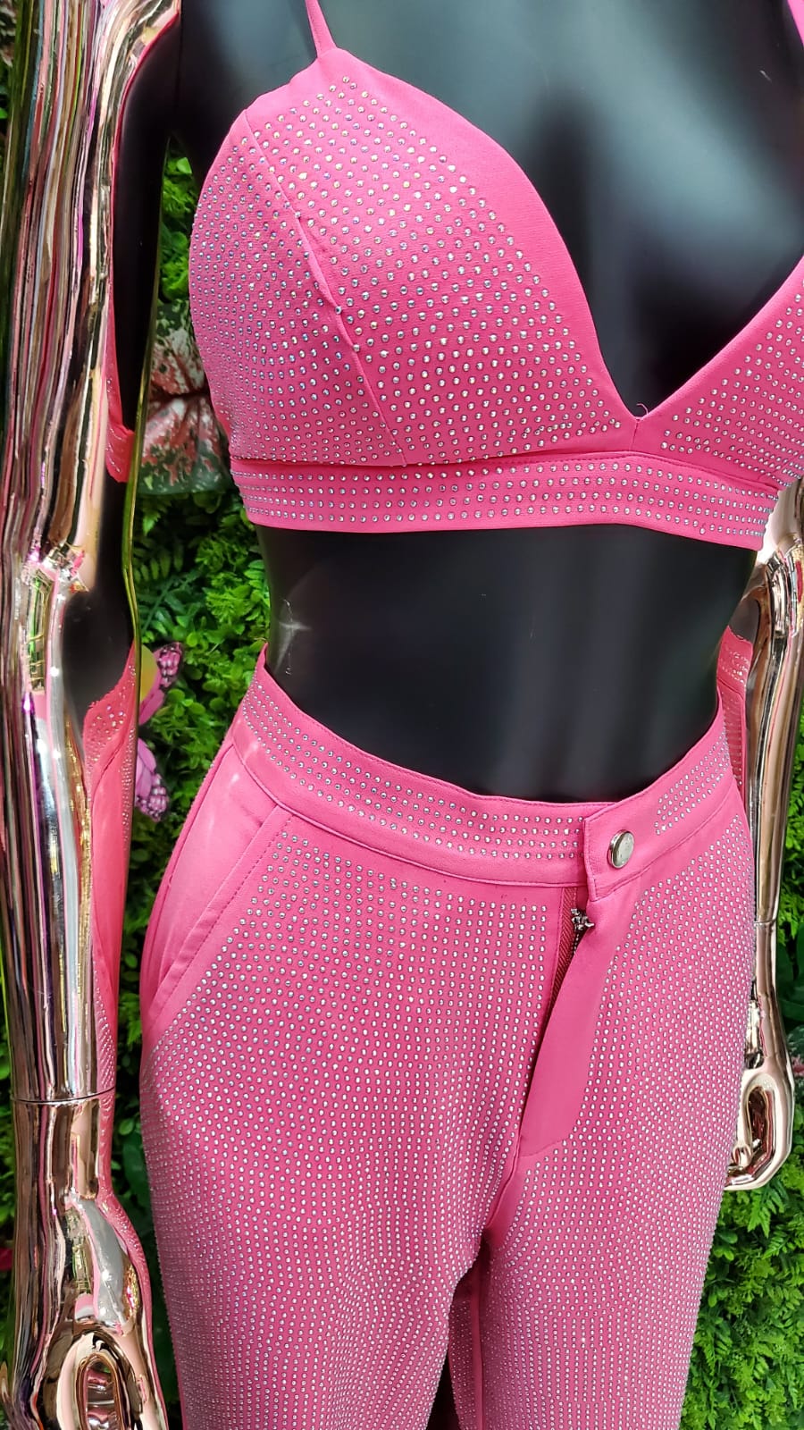 CONJUNTO PANT/TOP/SACO CON BRILLOS ROSA