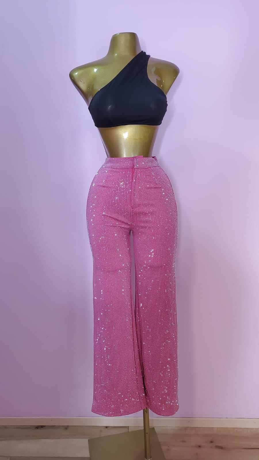 PANTALON CAMPANA CON BRILLOS ROSA