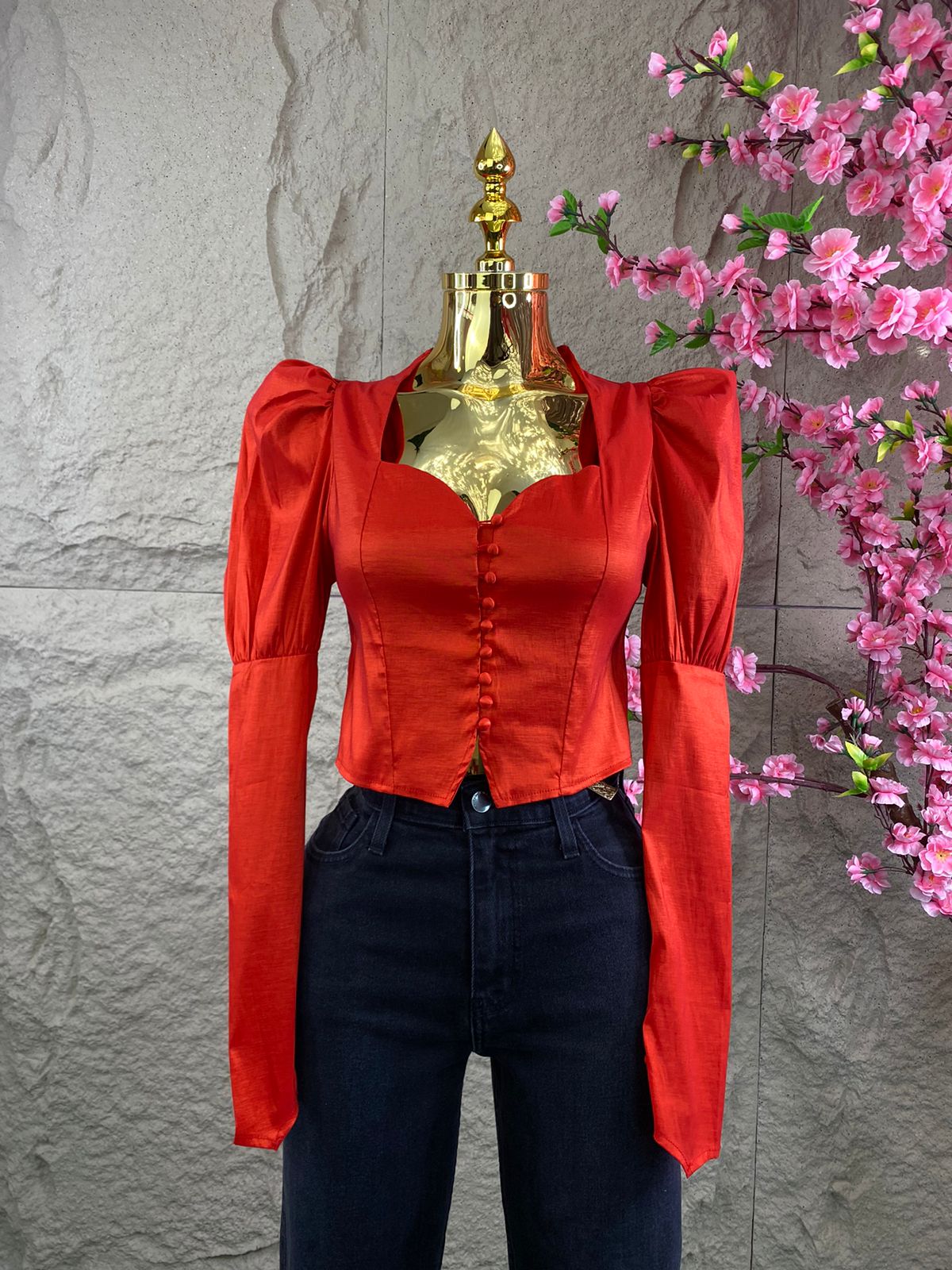 BLUSA TOP ML RAZO CON BOTONES ROJO