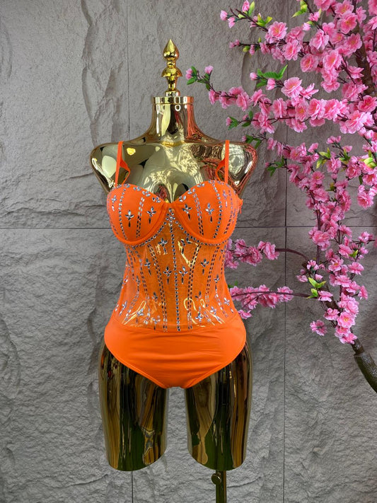 BODY CON CRISTALES Y TRANSPARENCIAS NARANJA