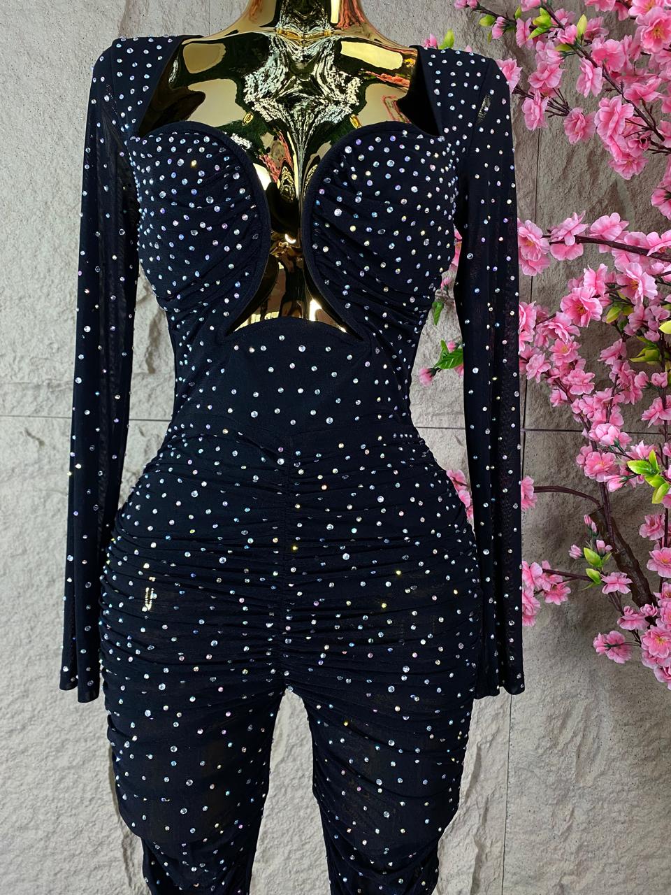 JUMPSUIT COMPLETO COPAS VERTICALES CON BRILLOS NEGRO