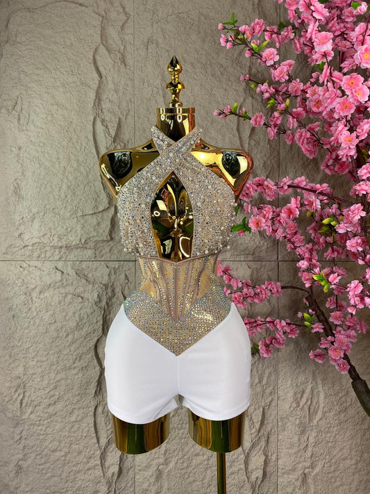 JUMPSUIT CORTO HOLTER CON PERLAS Y BRILLOS BICOLOR