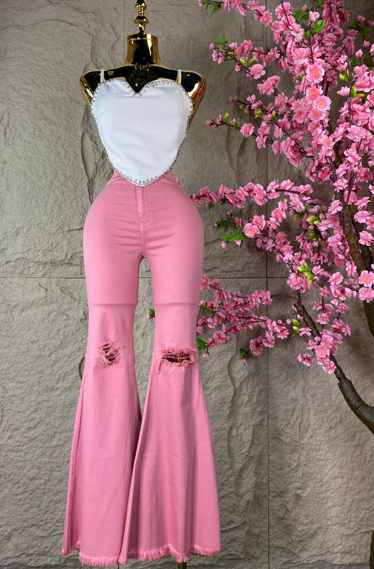 PANTALON CAMPANA DESGARRE MEZCLILLA ROSA