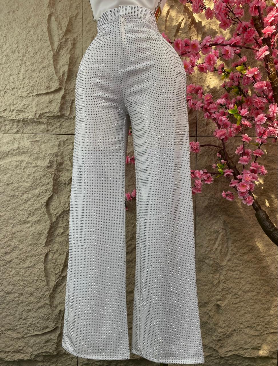 PANTALON CAMPANA BRILLOS BLANCO