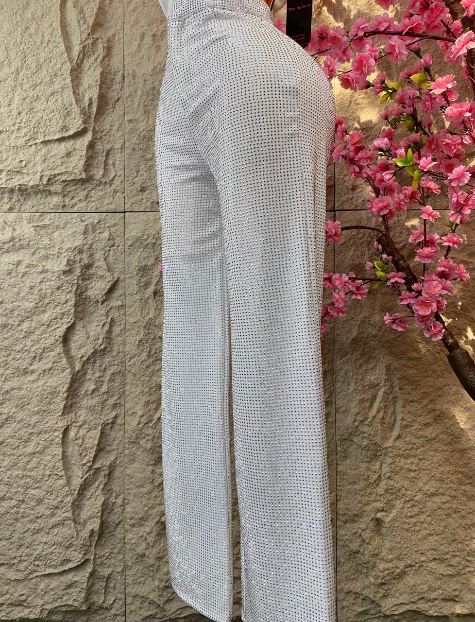 PANTALON CAMPANA BRILLOS BLANCO