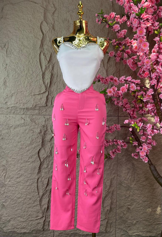 PANTALON CON PERLAS ROSA