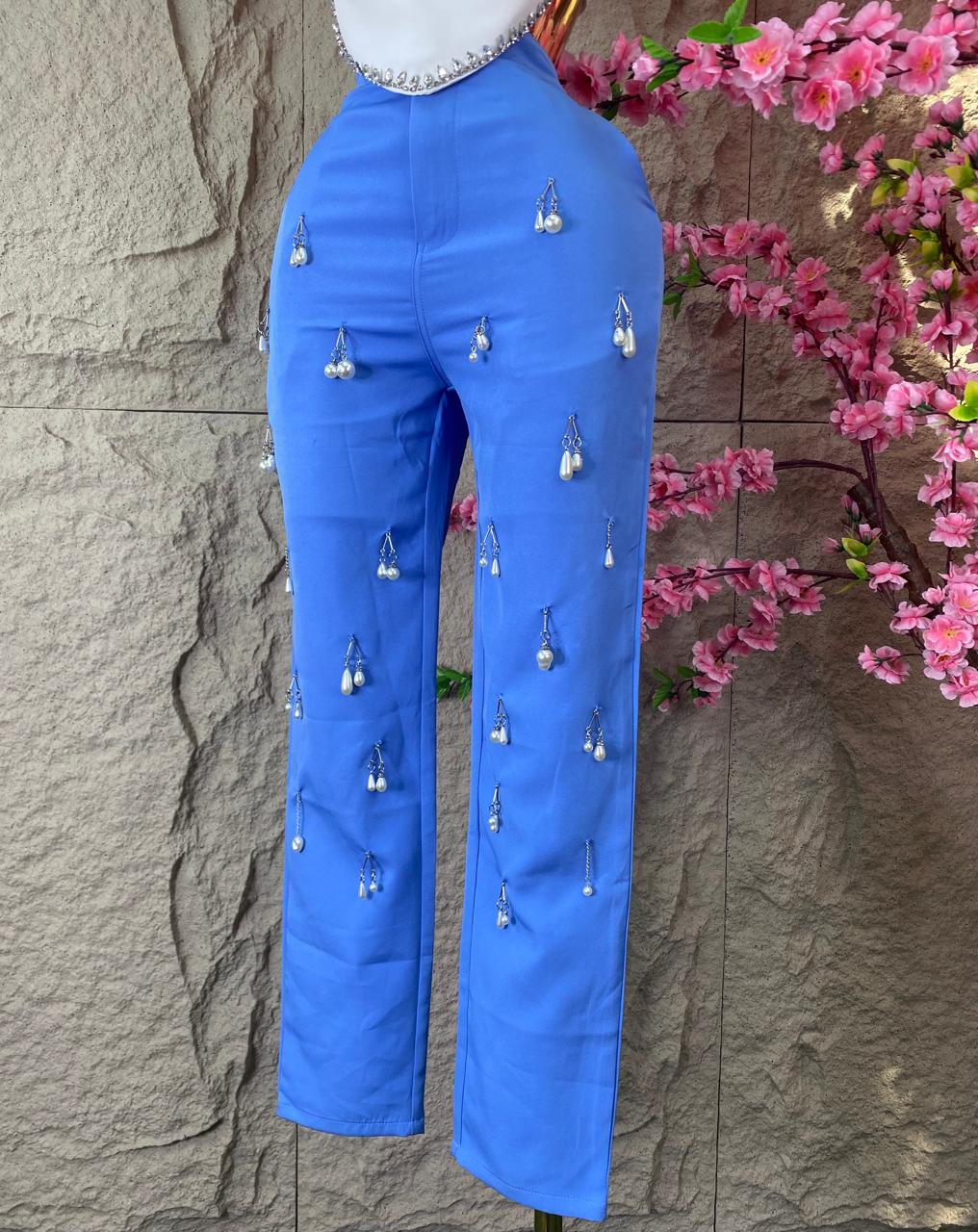 PANTALON CON PERLAS AZUL