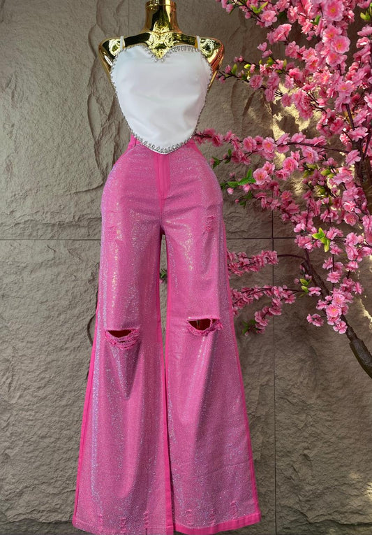 PANTALON CON BRILLOS MEZCLILLA DESGARRE ROSA