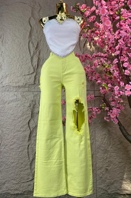 PANTALON CON AGUJERO FLUORECENTE MEZCLILLA VERDE