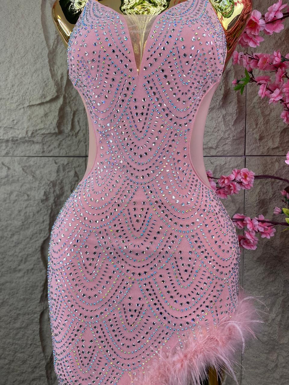 VESTIDO CORTE DIAGONAL CON TRANSPARENCIAS BRILLOS Y PLUMAS PALO DE ROSA