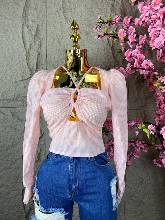 BLUSA TOP ML A CUADROS ROSA