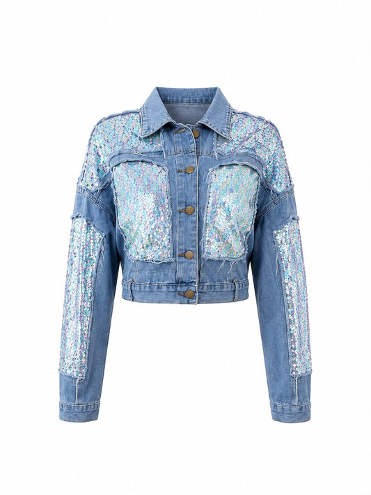 CHAMARRA DENIM CON LENTEJUELAS BICOLOR